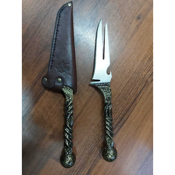 Нож-вилка кованый Шар-волна 29 см в кожаном чехле